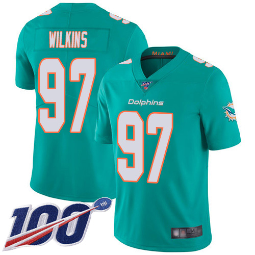Nike Miami Dolphins #97 Christian Wilkins Aqua Green Team Color Men Stitched NFL 100th Season Vapor Limited Jersey->miami dolphins->NFL Jersey